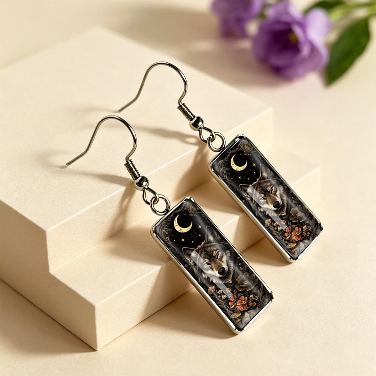 Crescent Moon & Wolf Vintage Flowers Earrings, Mystical Design